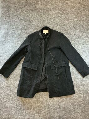 Maje Black Textured Coat with Stand Collar and Tie Detailing Size 40